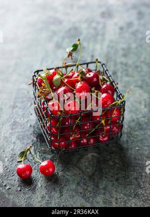 Saure Kirschen in einem kleinen Drahtkorb Stockfoto