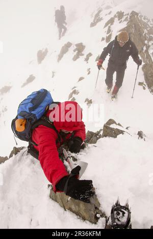 Ascenso al Pico Posets, 3375 Metros, Por la Cresta. Valle de Gistain.Pirineo Aragones. Huesca. España. Stockfoto