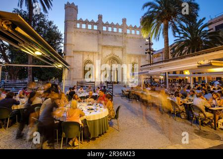 La Llotja, Frente Terrazas de Restaurante La Lonja, edificio Del Siglo XV, PalmaMallorca, Balearen, Spanien. Stockfoto