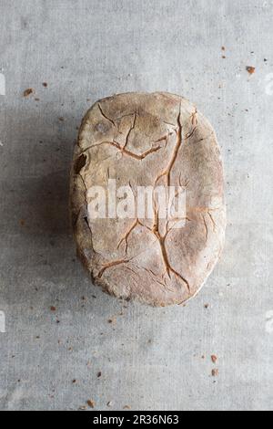 Blick auf die Unterseite eines Brotlaibs mit krustendem Brot (von oben gesehen) Stockfoto