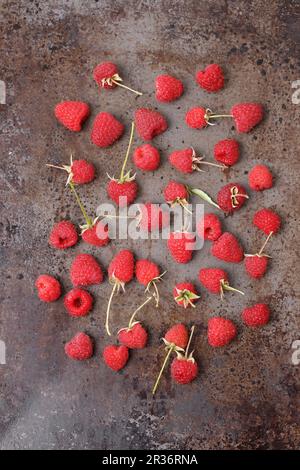 Frische Himbeeren auf einer Metalloberfläche (von oben gesehen) Stockfoto
