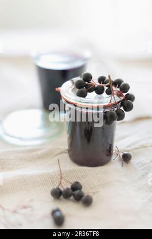 Hausgemachte Aronia-Beere-Gelee in Glasgefäßen mit frischen Aronia-Beeren Stockfoto