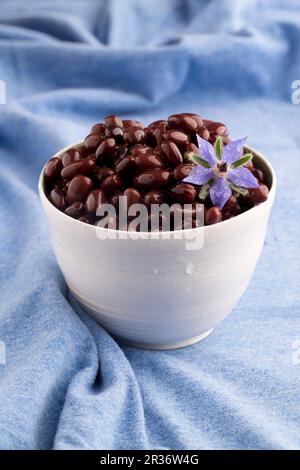 Kidnierenbohnen mit Borretschblüten in einer Schüssel Stockfoto