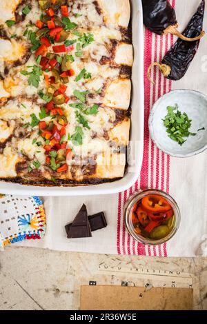 Enchiladas mit Schweinefleisch und Mole Sauce in einem Backblech mit eingelegten Jalapenos Stockfoto