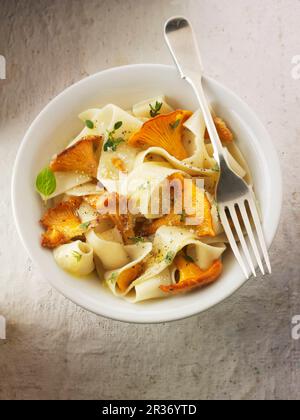 Pappardelle mit in Butter angebratenen Pfifferlingspilzen Stockfoto