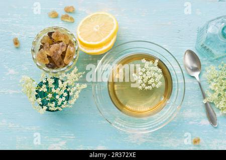 Holunderblütentee in einer Tasse, Holunderblüten, Zitronenscheiben und Steinzucker Stockfoto