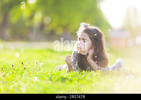 Süßes Mädchen, das Löwenzahn bläst Stockfoto