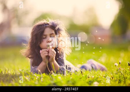 Süßes Mädchen, das Löwenzahn bläst Stockfoto