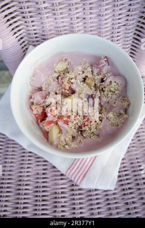 Müsli mit Hafer, Pfirsich, Melone, Apfel und Kokosmilch Joghurt Stockfoto