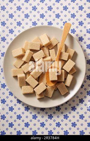 Rohrzuckerwürfel auf einem weißen Teller Stockfoto