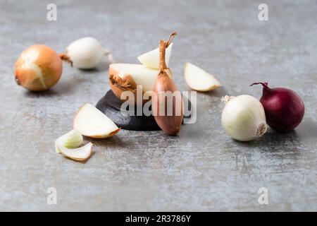 Verschiedene Arten frischer Zwiebeln Stockfoto