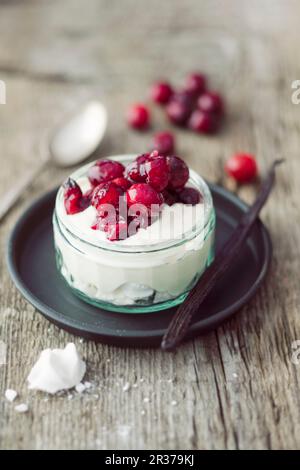 Vanillecreme mit Preiselbeeren (Weihnachten Dessert) Stockfoto