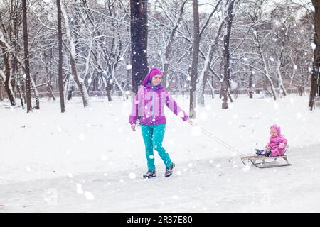 Mom zieht an einer Schlittentochter, während sie im Wald spaziert Stockfoto