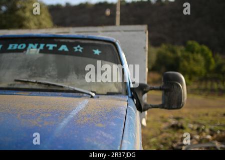 Puebla. 22. Mai 2023. Dieses Foto wurde am 22. Mai 2023 aufgenommen und zeigt ein Fahrzeug, das durch die Aktivität des Vulkans Popocatepetl im Bundesstaat Puebla, Mexiko, mit Asche bedeckt ist. Am Sonntag erhöhten die mexikanischen Behörden die Alarmstufe aufgrund der jüngsten erhöhten Aktivität des Vulkans Popocatepetl. Die Alarmstufe wurde von der gelben Phase zwei auf die gelbe Phase drei erhöht, einen Schritt unter der roten Alarmstufe, sagte Laura Velazquez, Leiterin der mexikanischen Nationalen Katastrophenschutzbehörde, bei einer Pressekonferenz. Kredit: Xin Yuewei/Xinhua/Alamy Live News Stockfoto