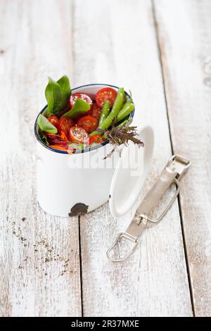 Salat mit Cocktailtomaten, Bohnen, Karotten und Rote Bete in einem Emaille-Behälter Stockfoto