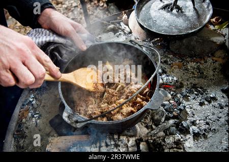 Wie man ein Fleischgericht in einem holländischen Ofen über einem Kamin macht Stockfoto