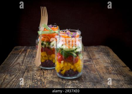 Regenbogensalat in Glasgefäßen mit Rotkohl, gelbem Pfeffer, Tomaten, Gurken, Karotten und Rote-Beete-Sprossen Stockfoto