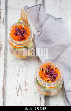 Regenbogensalat in Glasgefäßen mit Rotkohl, gelbem Pfeffer, Tomaten, Gurken, Karotten und Rote-Beete-Sprossen Stockfoto