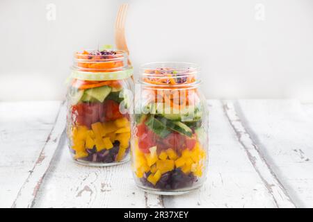 Regenbogensalat in Glasgefäßen mit Rotkohl, gelbem Pfeffer, Tomaten, Gurken, Karotten und Rote-Beete-Sprossen Stockfoto