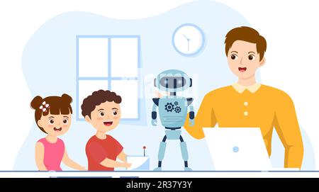 Robotics School Vector Illustration with Kids Robotic Project to Programming and Engineering Robot in Flat Cartoon Hand Drawing Landing Page Templates Stock Vektor