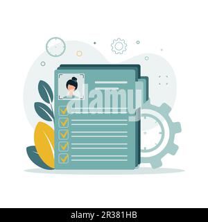 Vektordarstellung eines Ordners mit einem Dossier und einem Foto eines Mannes, auf dem Hintergrund von Zahnrädern, Zweigen mit Blättern Stock Vektor