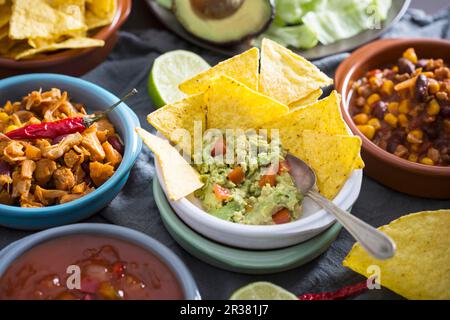 Vegane mexikanische Gerichte: Guacamole mit Tortilla-Chips, Salsa, gehacktem Jackfrucht und Chili con Carne Stockfoto