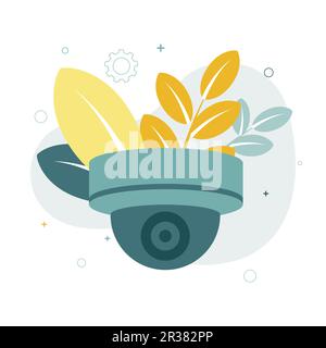 ÜBERWACHUNGSKAMERAS. Vektordarstellung einer cctv-Kamera, auf dem Hintergrund von Blättern, Zahnrad Stock Vektor