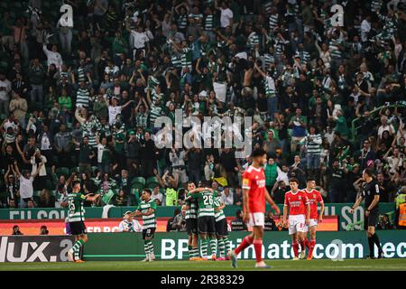 Lissabon, Portugal. 21. Mai 2023. Sportliche CP-Spieler feiern beim Liga Portugal BWIN-Spiel zwischen Sporting CP und SL Benfica auf der Estádio José Alvalade ein Tor. (Endstand: Sporting CP 2 - 2 SL Benfica) (Foto: David Martins/SOPA Images/Sipa USA) Guthaben: SIPA USA/Alamy Live News Stockfoto