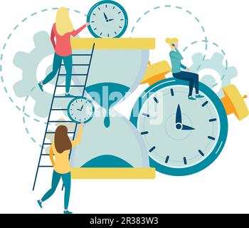 Konzept spart Zeit und Geld. Zeiten sind Geld. Die Piggy Bank of Time. Die Leute investieren ihre Zeit in allgemeine Stunden, um die Gesamtzeit zu erhöhen. Stock Vektor