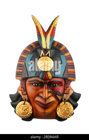 Indische Maya-Azteken-Keramikmaske isoliert auf weiß Stockfoto