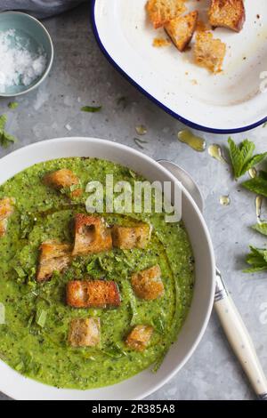 Sommersuppe aus Erbse, Spargel und Brunnenkresse mit Sauerteig-Croutons, nativem Olivenöl extra und frischer Minze Stockfoto