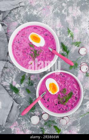 Kalte Suppe aus Kefir, Joghurt, Sauerrahm und Rübenwurzel, serviert mit gekochtem Ei Stockfoto