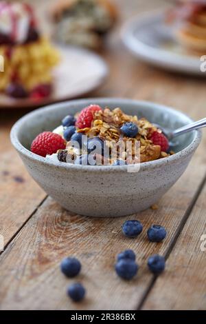 Hausgemachtes Müsli mit frischen Beeren und Joghurt Stockfoto