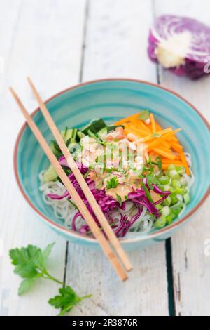 Reisnudelsalat mit Gemüse und Erdnusssoße Stockfoto