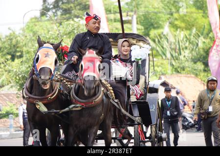 Inu kirana (Tourismusbotschafter von kediri) in der Pferdekutsche zur Feier des indonesischen Unabhängigkeitstages im simpang lima gumul kediri Stockfoto