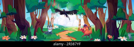 Cartoon-Waldlandschaft mit fröhlichen wilden Tieren. Vektordarstellung von niedlichem Wolf, Wildschwein, Maus und Krähe im Sommerwald mit Fußweg zwischen alten Bäumen, grünem Gras und Blumen unter blauem Himmel Stock Vektor