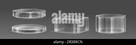 transparenter Ständer aus 3D-Glas, Podium-Display-Box auf Hintergrund isoliert. Leere Kristallplattform für Produktpräsentation oder -Präsentation. Minimal realistischer Kunststoffständer und Zylinderständer Stock Vektor