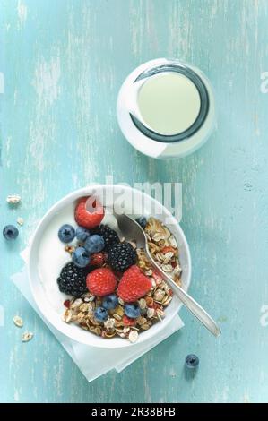 Joghurt und Müsli mit Beeren in einer Schüssel neben einer Glasflasche Joghurt Stockfoto