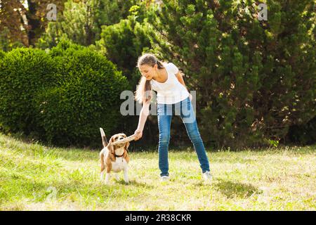 Mädchen spielt mit einem Hund auf dem Hof Stockfoto