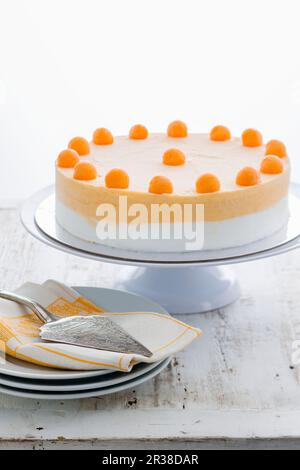 Eiskuchen garniert mit Honigtau-Melonenbällchen auf einem Kuchenstand Stockfoto