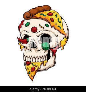 Illustration einer Pizza, einer menschlichen Schädelfigur, die Pizza isst Stock Vektor