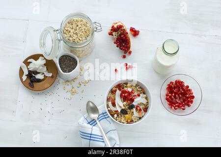 Müsli mit Milch, Hafer, Getreide, Chiasamen, Granatapfelkernen, Geriebene Kokosnuss und Preiselbeeren Stockfoto