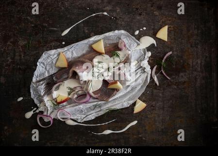 Heringsfilets mit Joghurt-Sauce, Apfelstücken, Schalotten und Dill auf Pergamentpapier Stockfoto