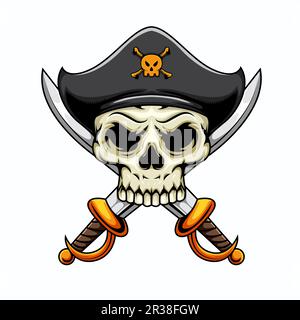 Darstellung eines Menschenschädelmaskottchen-Piraten mit gekreuzten Schwertern Stock Vektor