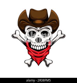 Darstellung des menschlichen Cowboy-Schädelfigurs mit gekreuzten Knochen Stock Vektor