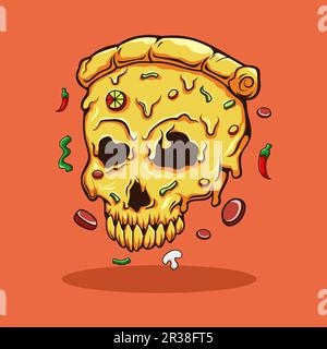 Illustration einer Käsepizza menschliches Schädel-Maskottchen-Figur mit Zutaten Stock Vektor