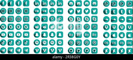 Symbole für soziale Medien und Apps Logos, flach mit Schatten, Kreis, abgerundetes Rechteck Grün Stock Vektor