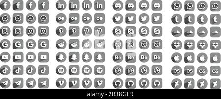 Symbole für soziale Medien und Apps Logos, flach mit Schatten, Kreis, abgerundetes Rechteck Grau Stock Vektor