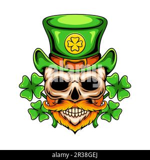 Illustration des Menschenschädel-Maskottchen-Charakters St. Patrick mit Bierbechern Stock Vektor