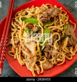 Lo Mein mit Rind und Huhn Stockfoto